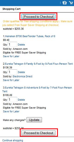 Amazon’s Proceed to Checkout button is bigger and at the top and bottom of pages