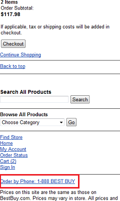 BestBuy provides an Order By Phone link
