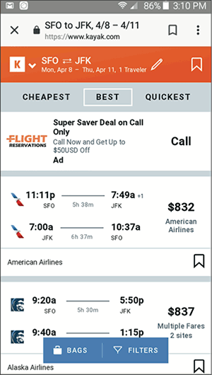Flight reservation sites on Kayak.com