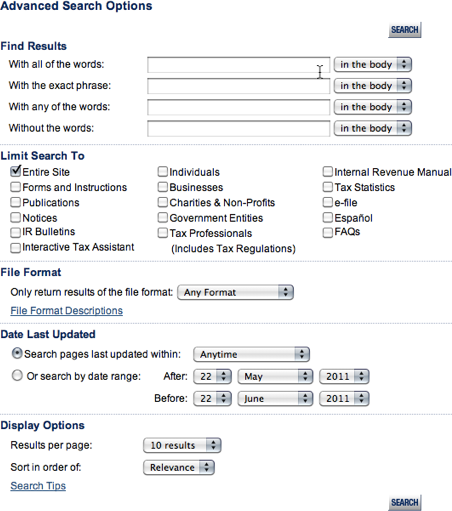 At the IRS, Advanced Search means “narrow your search.”