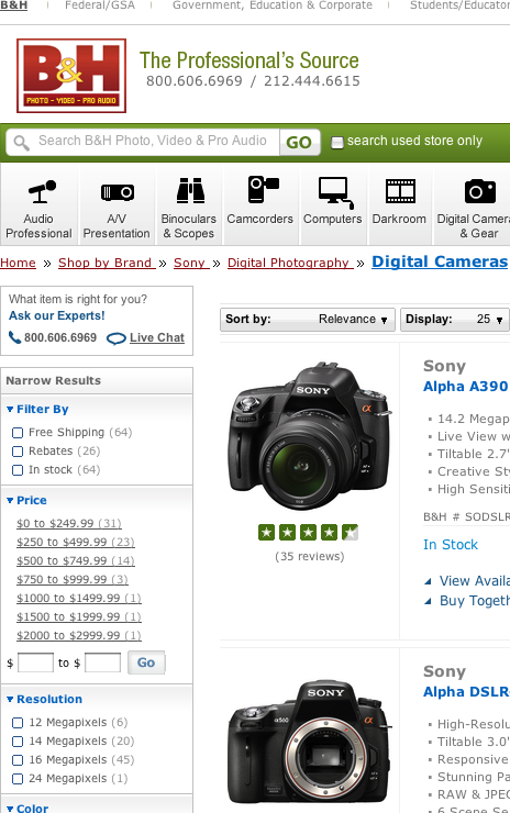 Finding Digital Cameras on B&H