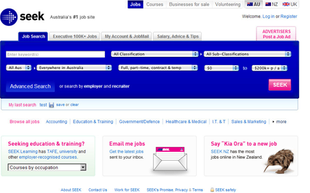 SEEK home page at the time of the test